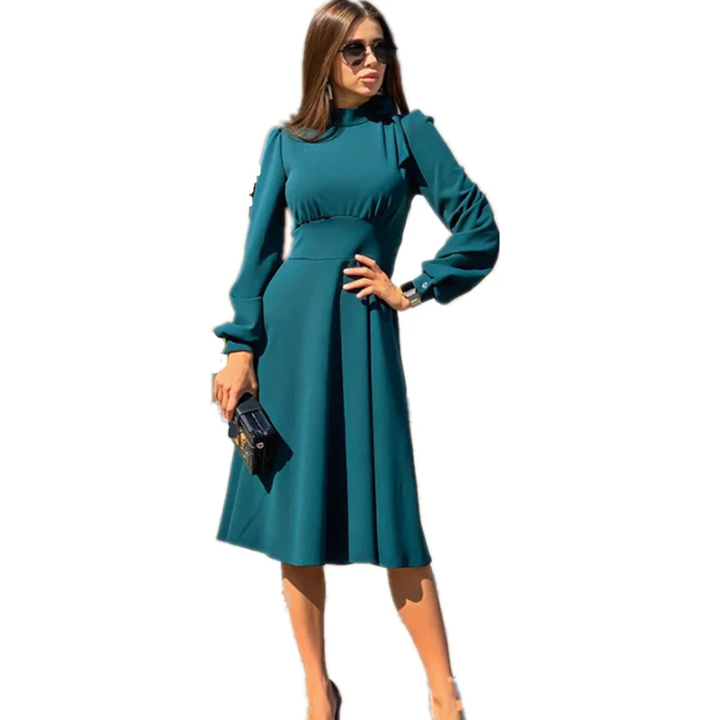 

Wholesale Women Dress Long Sleeve Midi Dress Solid Color Cotton Vintage Black Dresses, Green, khaki, red ,black