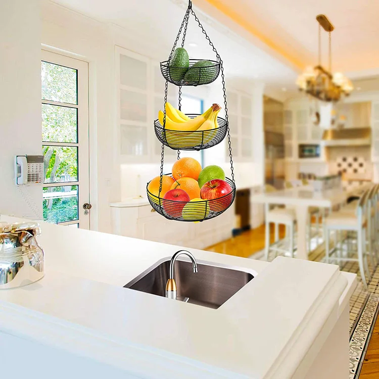 

Modern multifunctional round hanging 3 tier metal wire fruit basket hanging fruit basket fruit basket, Black