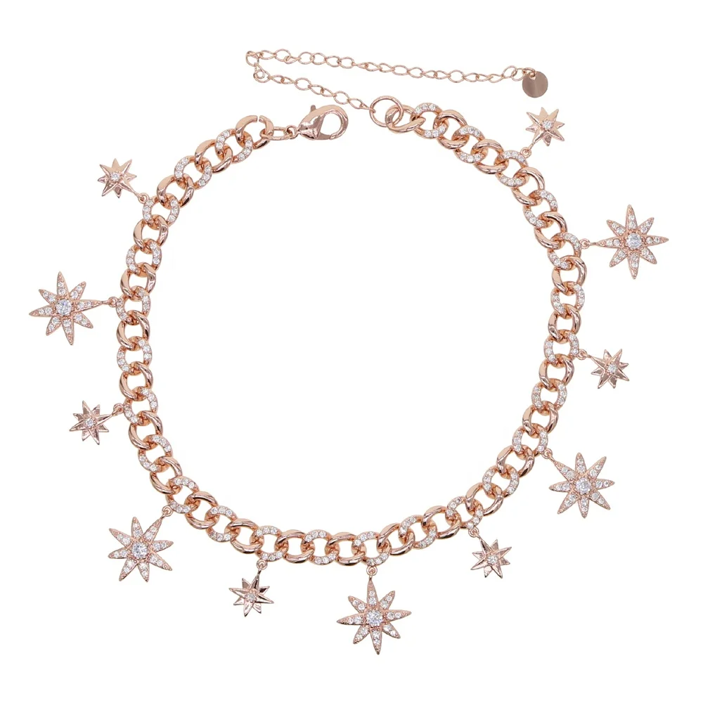 

32+8cm hip hop bling Gold filled women choker Miami Cuban link chain with starburst star charm choker necklaces, Rose gold