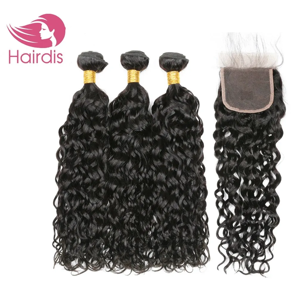 

Wholesale Water Wave hair Long Bulk Weft Weave Extensions Raw Vendor Virgin Brazilian Water Wave Human Hair Bundles with Closure, Natural black color