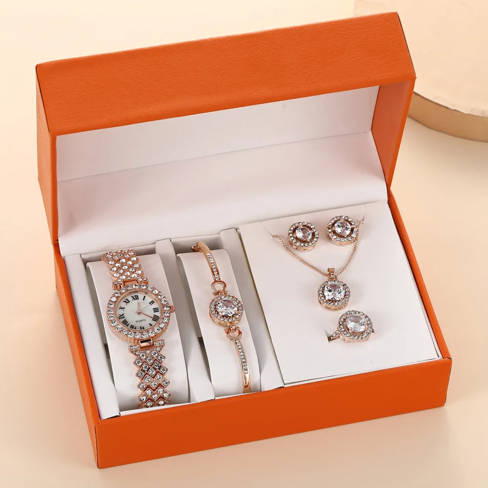 

Fashion Luxury Ladies watch Set Gift Box Diamond Watches Bracelet Ring Earring Necklace Gift Women Watch Set