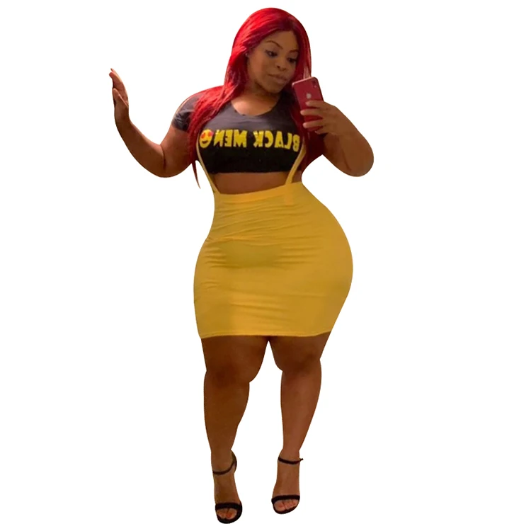 

Fashion yellow strap skirt black letter print short t-shirt two-piece suit