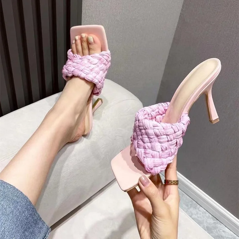 

Summer Square Toe Braiding Band Fancy Shoes Slipper Women High Heeled Slippers Thin High Heel Fashion Shoes Wholesale, Yellow,purple,blue,pink