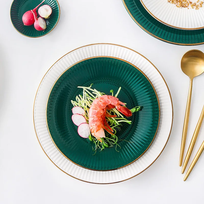 

European style light luxury green platinum ceramic tableware embossed dishes microwave oven suitable gift set wholesale, Pink