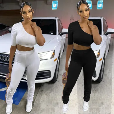 

CL-039 Low MOQ Casual Summer Plain Tracksuit Wholesale Black White Fall White Two Piece Pants Set, As picture show