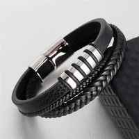 

Discount Fashion Mens Jewelry Stainless Steel Beads Magnet Clasp Handmade Multi-layer Braid Genuine Leather Bracelet
