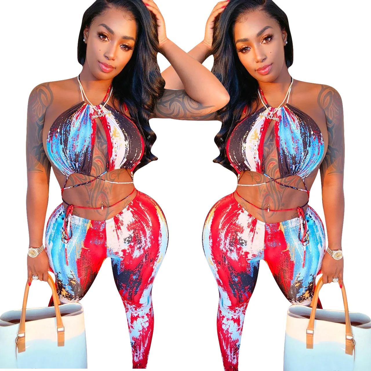 

new women summer halter top and long pants backness 2021 2 piece set women