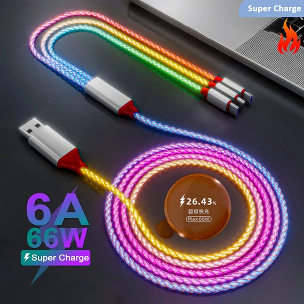 

3-IN-1 6A 66W RGB Super Fast Charging Cable Type-C Micro USB Charger Cable Flow Cool Colorful Glow Data Line For Phone Android