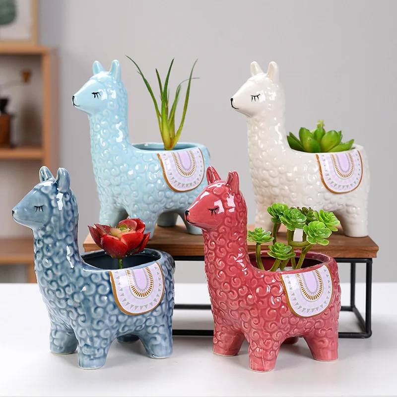 

Decoration Gift Balcony Plant Ceramic Creative Cartoon Animal Cute Alpaca Succulent Flower Pot Desktop Potted Container planter