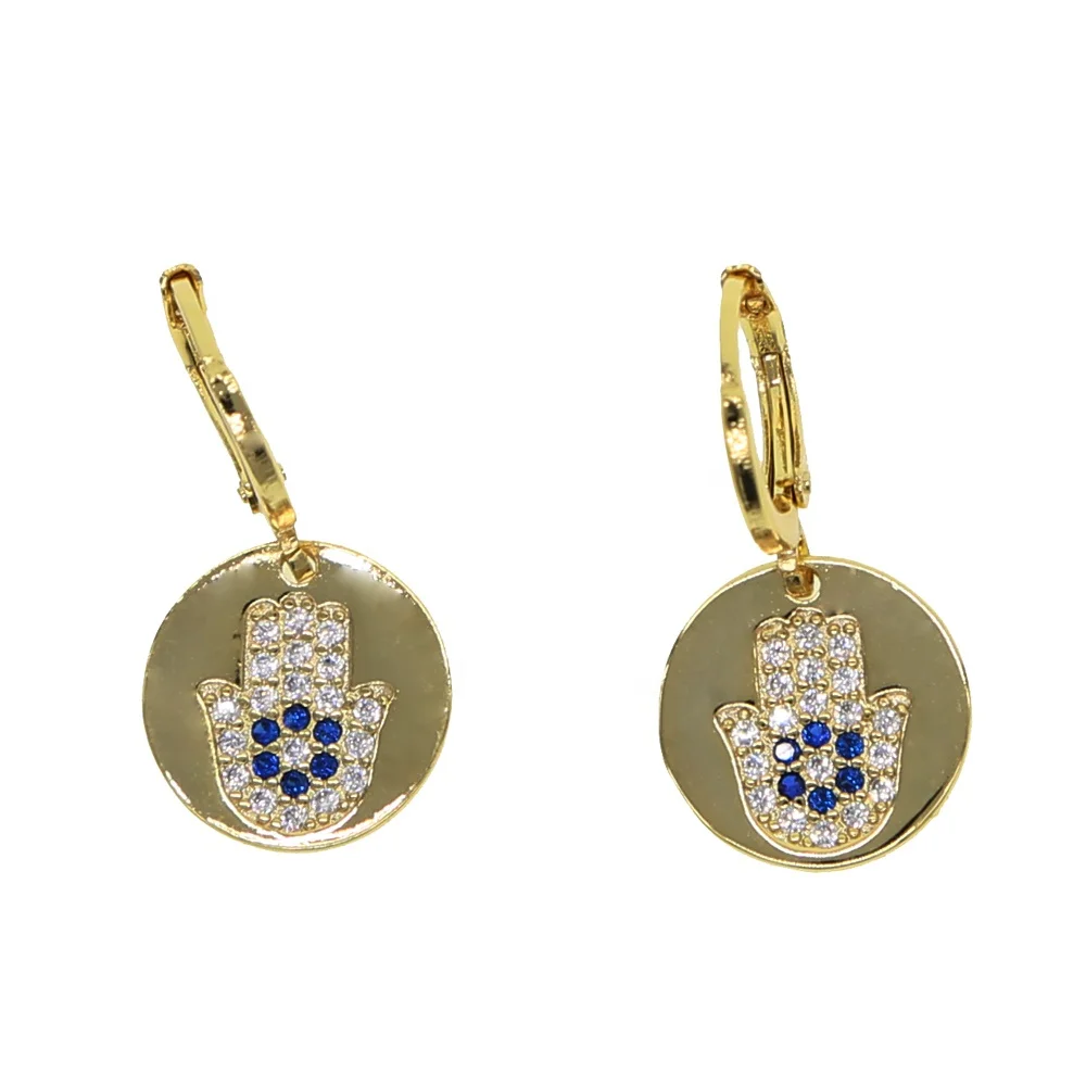 

2021 summer new fashion jewelry engraved green cz palm tree fatima's hand Coin signet dangle drop earring
