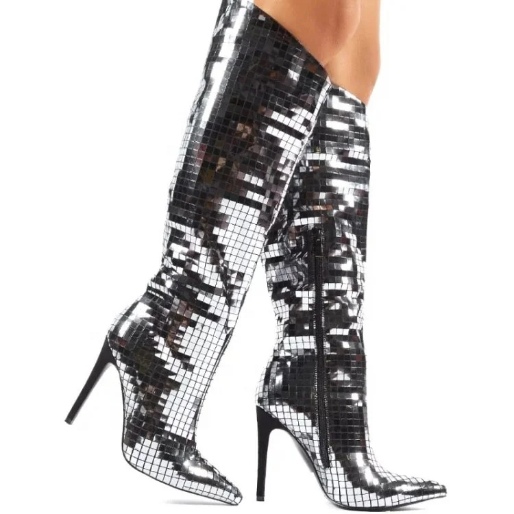 

Big Size 43 Women Sparkle Mirror Paillette Knee High Boots Pointed toe Stiletto Boots Calf High Long Boots for Lady, Black