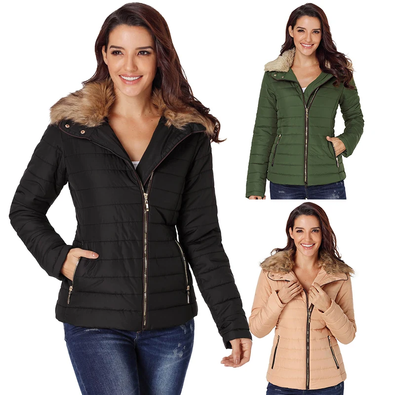 

Winter Women Brief Patchwork Hooded Full Sleeve Zip Hat Pockets Faux Fur Collar Trim Black Quilted Jackets