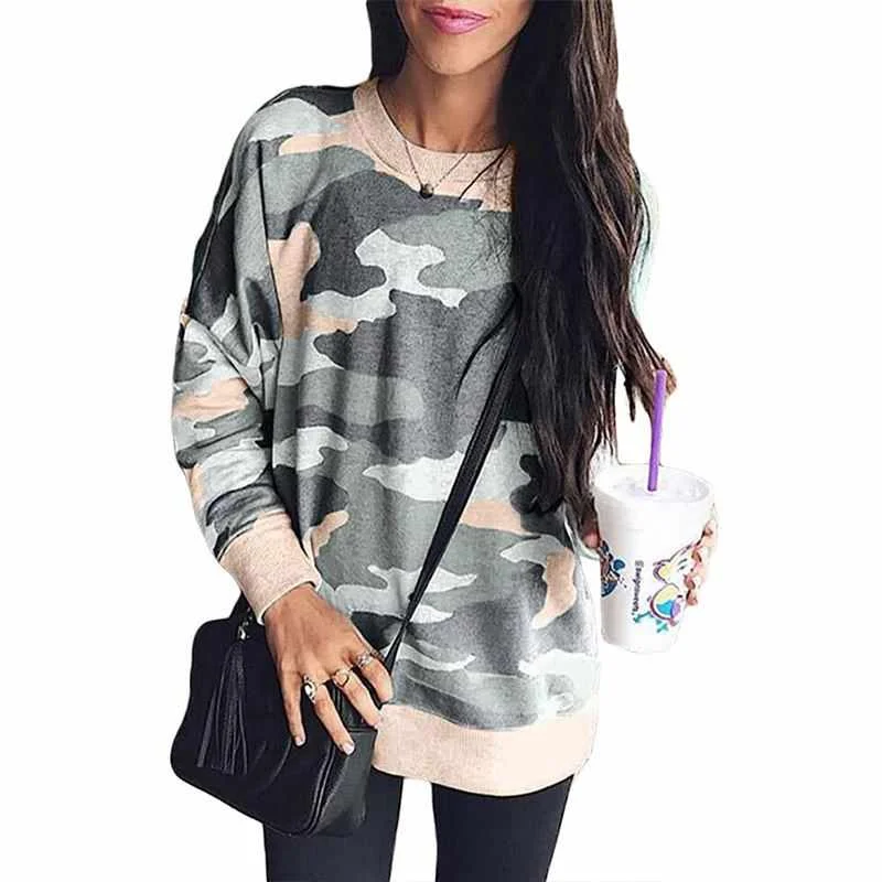 

Spring Long Sleeve Printing Oversized Crew Neck Camo Sweatshirt Womens