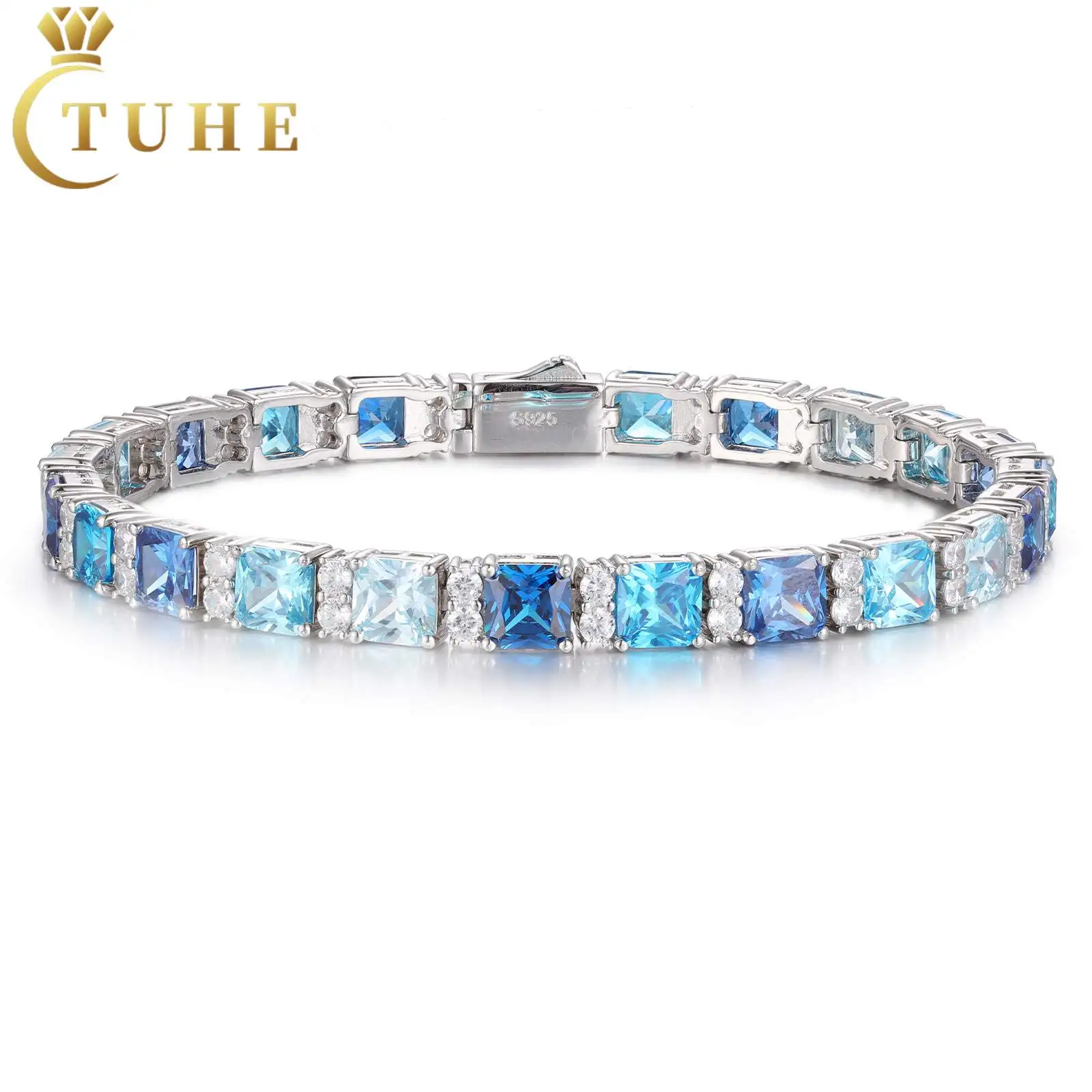 

Fashion Gradient Color 6.5mm 925 Sterling Silver VVS Moissanite Diamond Blue Princess Cut CZ Cluster Tennis Bracelet