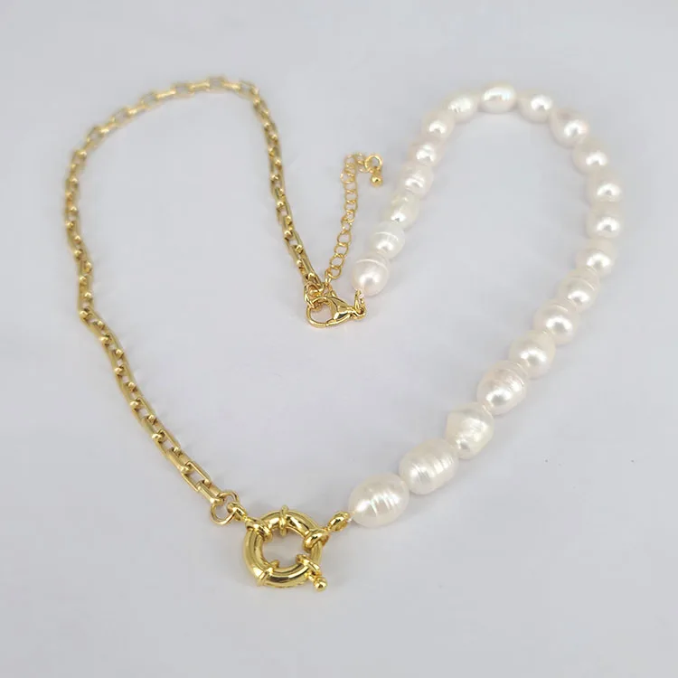 

NP1020 Fashion Popular Chic Gold Half Freshwater Pearl Half Paperclip Link Chain Nautical Sailors Spring Clasp Necklace