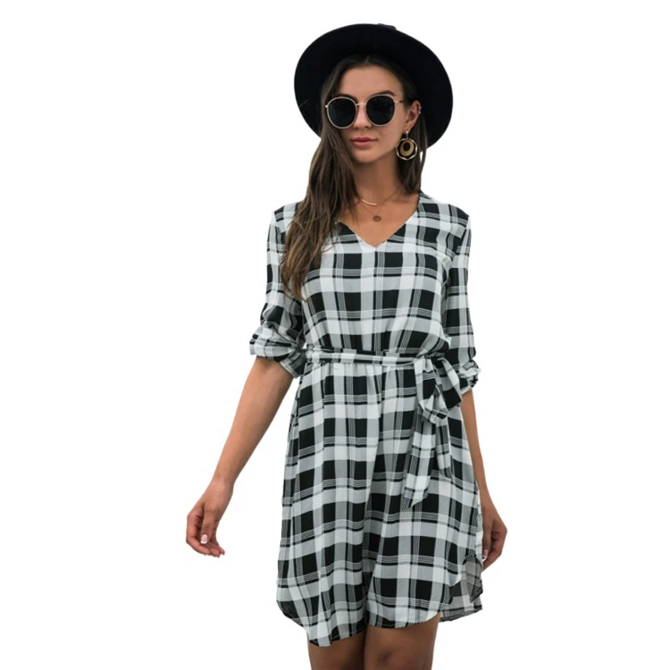 

Professional manufacturer of red plaid ladies sexy V-neck waist dress, Picture color