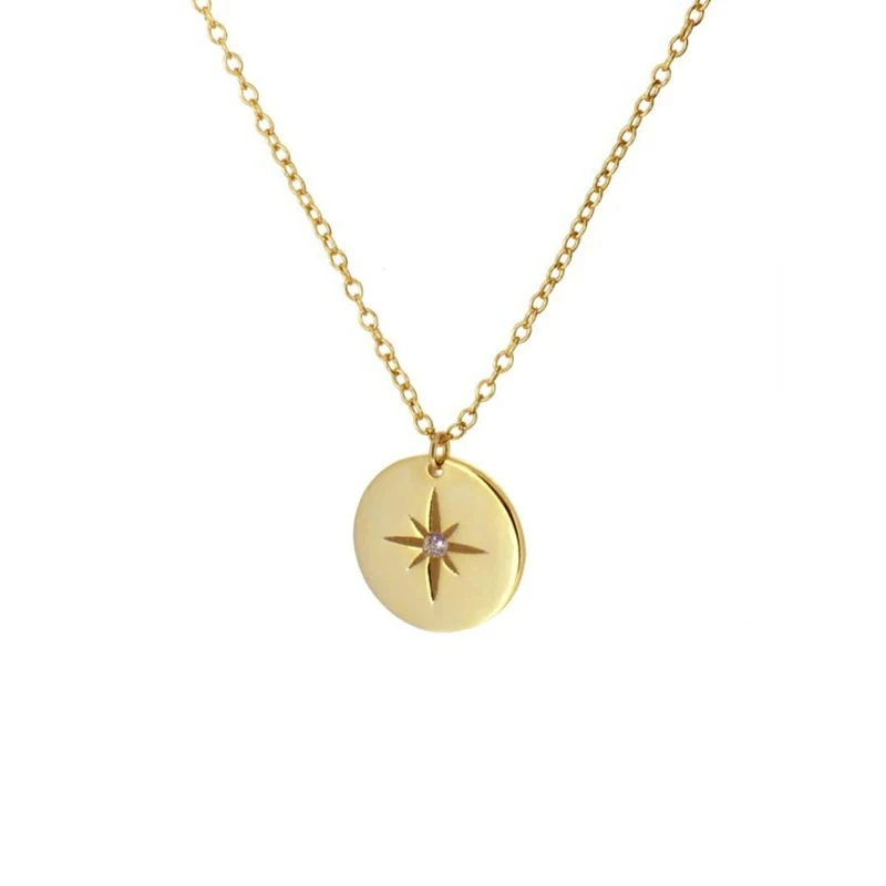 Hot sales! 925 Sterling Silver Round Medal Eight-pointed Star with Diamonds Women Necklace