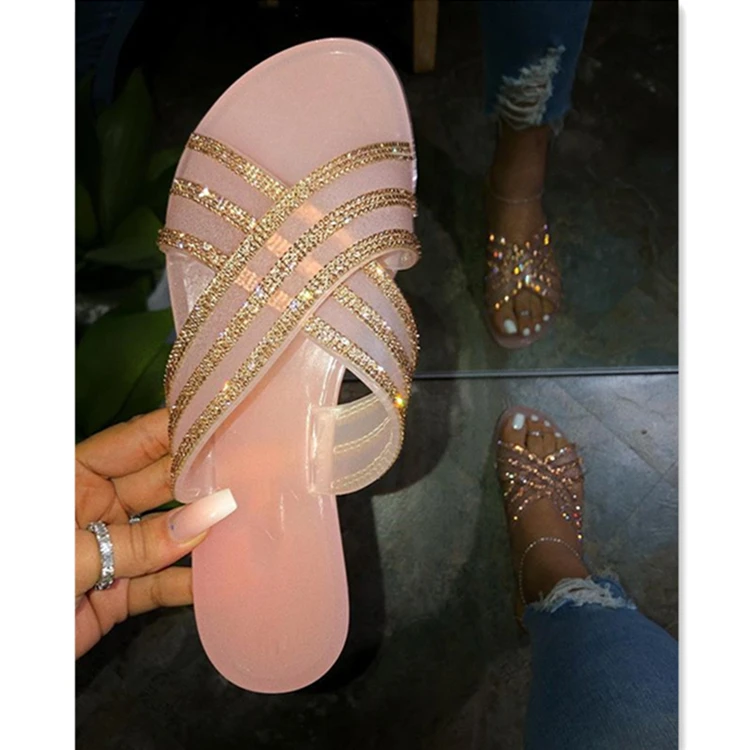 

Rhinestone Shiny Summer New Large Size Flat Beach Fashion open-toe Sandals Shoes Beautiful Casual Slipper for Women, Customized color