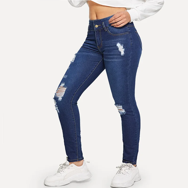 

New Fashion Student Pants Ripped Jeans Women Trousers, Picture color