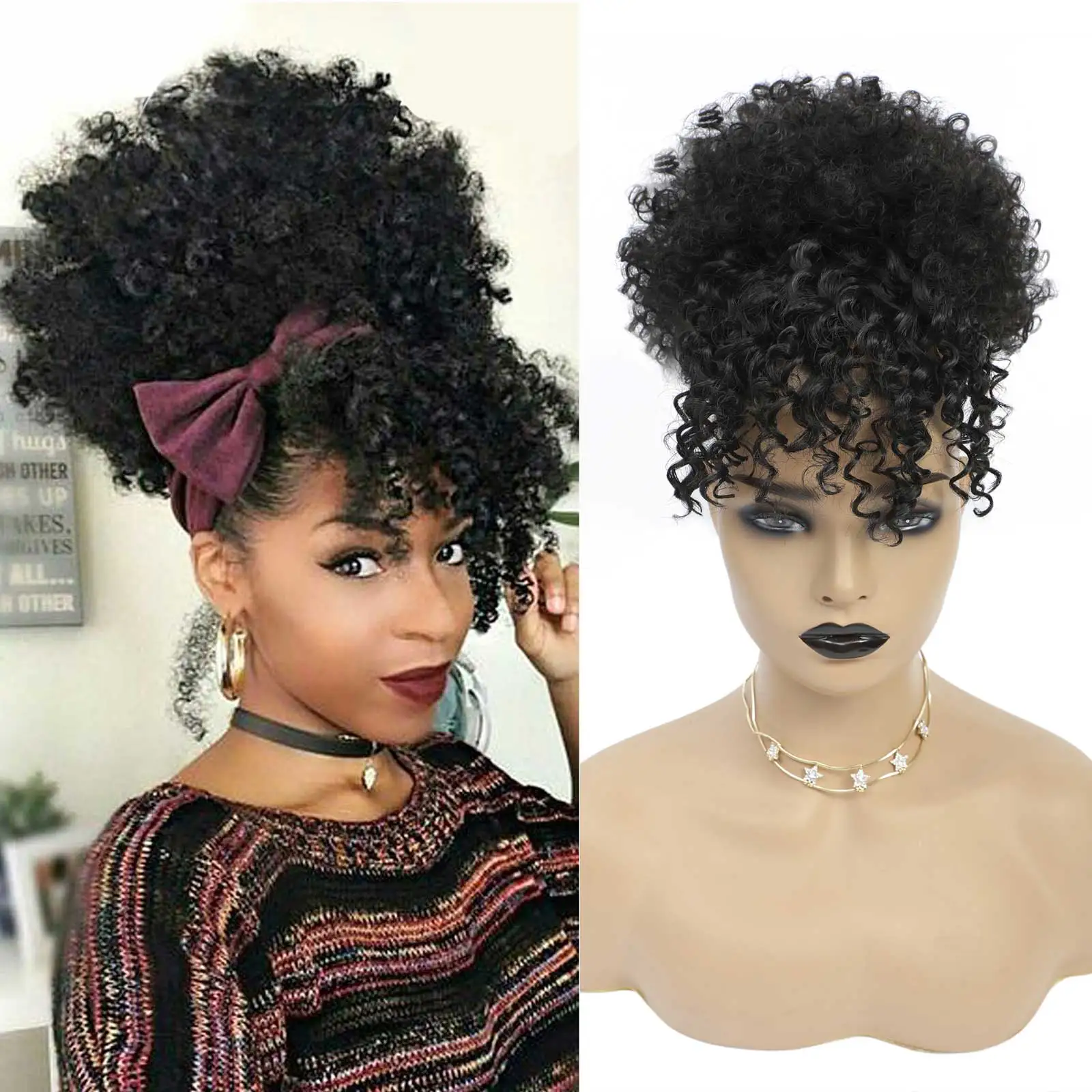 

G&T Wig Afro High Puff Hair Bun Drawstring Ponytail With Bangs Short Kinky Curly Pineapple Hair Extensions for Black Women, Multi color