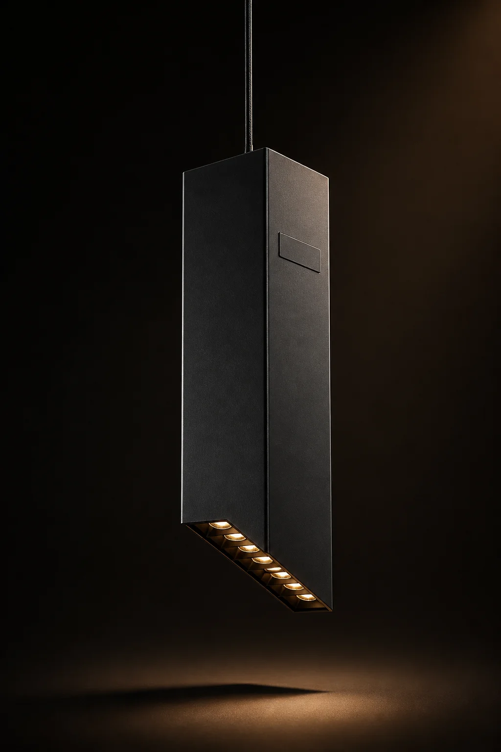 Matte-black architectural linear pendant luminaire product shot