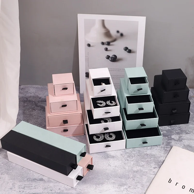 

8pcs/set Custom Design Drawer Jewelry Box Earrings Necklace Rings Jewelry Packaging Box Paper Gift Boxes, Nude pink, black, white, orange pink