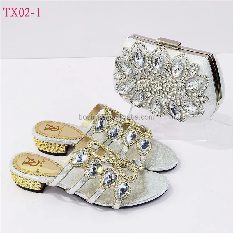 

TX02 Latest African Wedding Shoes and Bag Set Decorated with Rhinestone Italian for Wedding Heels Women