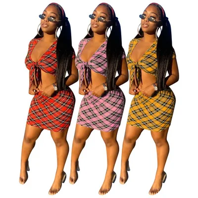

2021 Summer New Arrivals Ladies Sexy Print Plaid Bandage Short Sleeve Top Skirt Set Women Two Piece Set Clothing