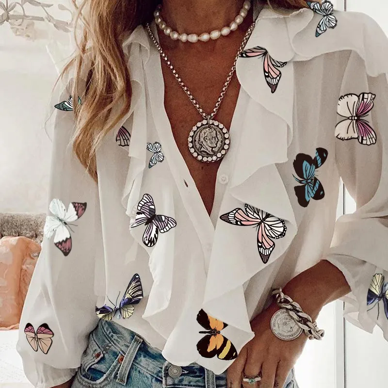 

Chiffon Printed Blouse Women V-neck Ruffle Long Lantern Sleeve Blouses Female 2021 Spring Fashion Lady Tops Streetwear, Picture color
