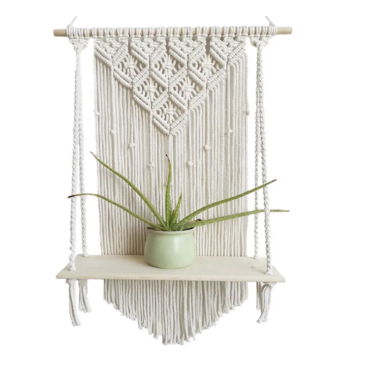 

Handmade Boho Wood Cotton Rope Macrame Wall Hanging Shelf Single Tier Floating Hanging Shelf Organizer Home Decor, White