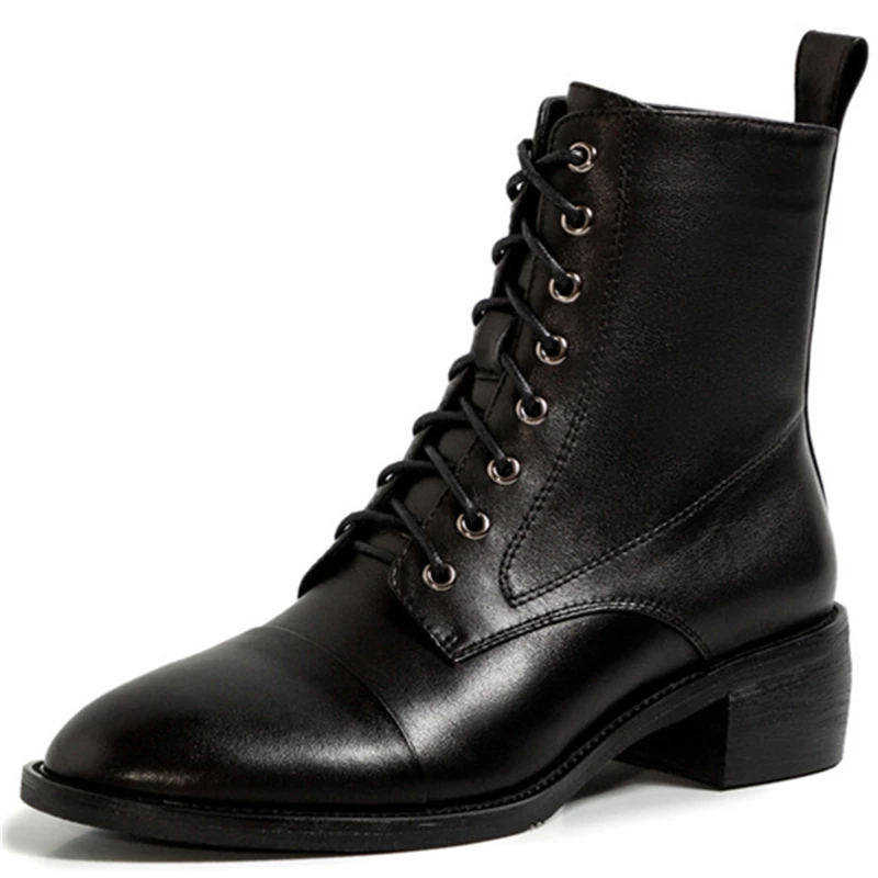 

Cross Tied Genuine Leather Ankle Boots For Women Warm Winter Thick Heels Shoes Woman Party Working Chelsea Boots Heels