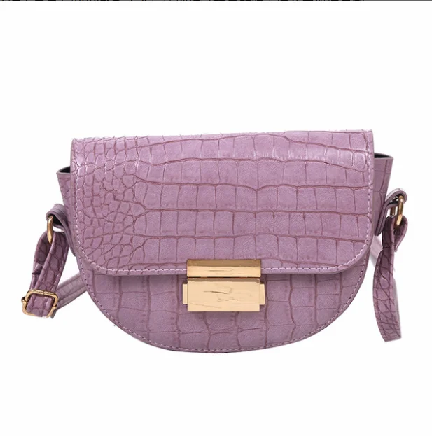 

Crocodile pattern leather fashion lock saddle bag ladies new crossbody bag, White, black, purple