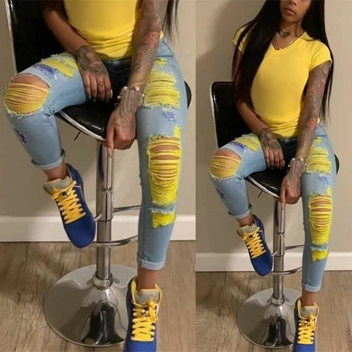 

Hot Sale Fashion Skinny Hole Ripped Jeans For Women Plus Size Female Party Club Denim Pants