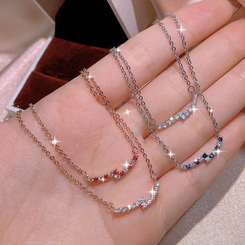 

Anti Allergy Sterling Silver Plated Cubic Zircon Bar Necklaces Bling Bling Colorful Crystal Rhinestone Smile Necklace For Women