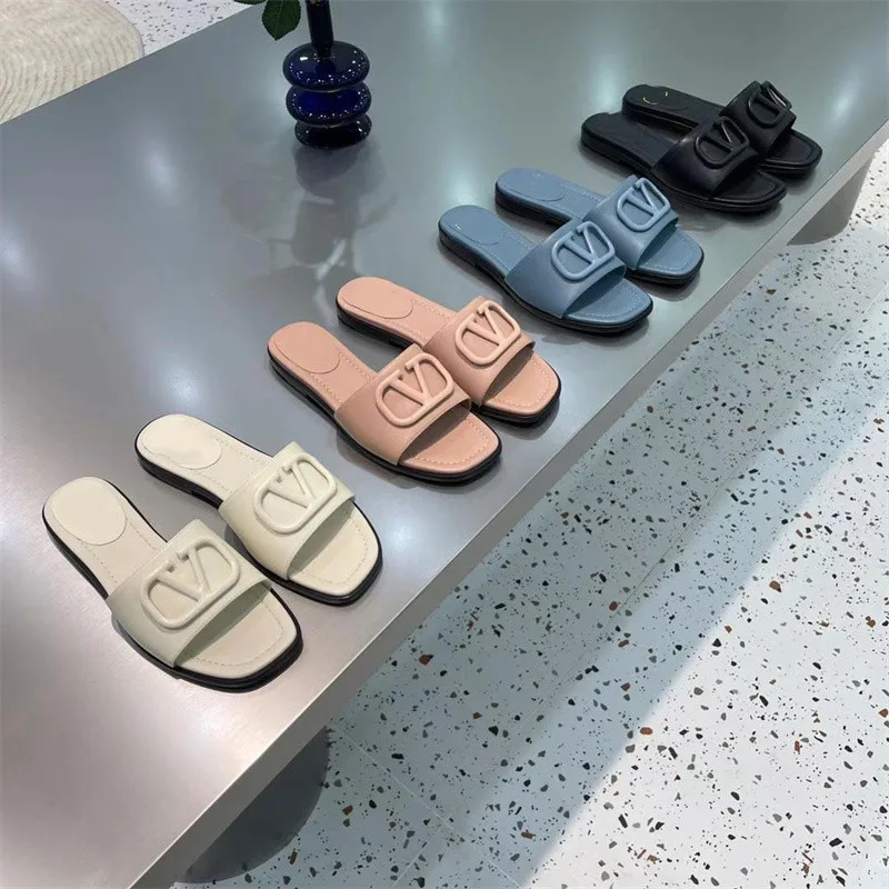 

2021 Summer New Style V-Buckle Casual Cowhide Word Open Toed Flat Sandals Custom Slippers Slippers For Women, 5 colors