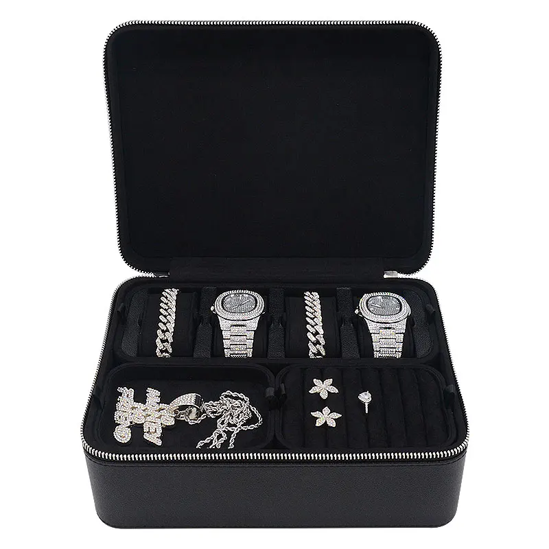 

Us Hot Sale Diversification Black Pu Leather Jewelry Storage Case Luxury Traveling Portable Zipper Ice Jewellery Boxes