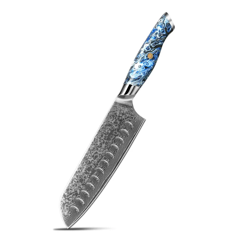 

Exquisite pattern vg10 67layers damascus santoku chef knife with blue resin handle