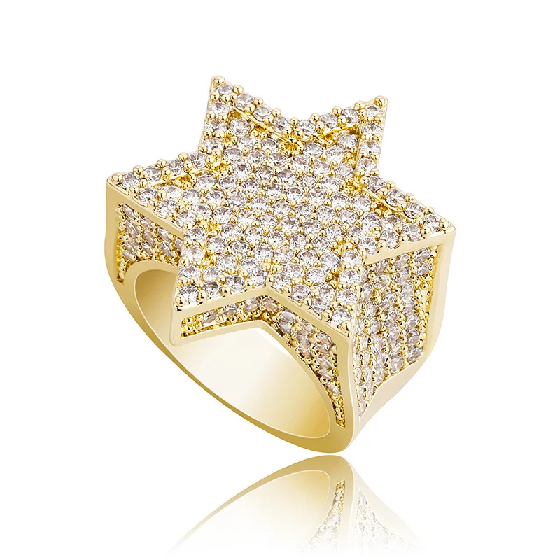 

Hip hop gold zircon ring hexagram design ring gold jewelry ring