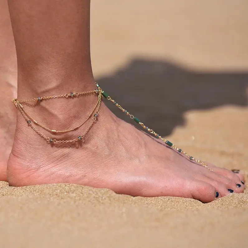 

Anklet women handmade dainty summer boho beach foot gold chain adjustable, Shiny gold