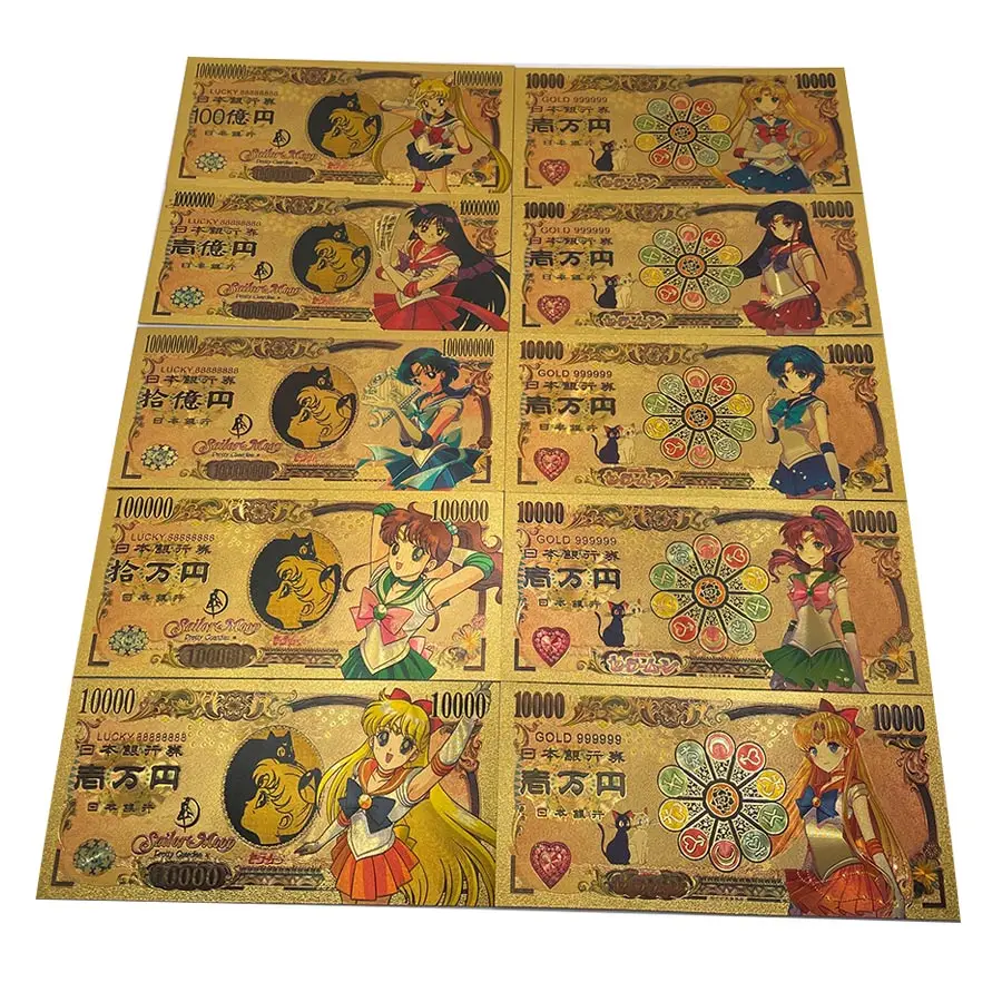 

10 types Japanse Cartoon Sailor Moon Anime Gold Banknote Souvenir gifts and collection cards