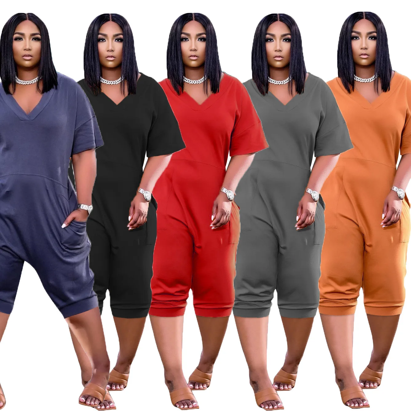 

Wholesale Amazon Autumn Women's Loose Solid Color Short Sleeves v-Neck Casual Cropped Jumpsuit For Women, As pics show