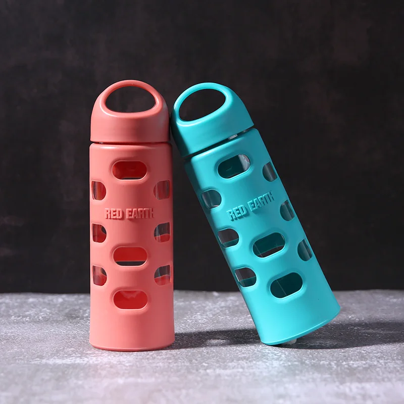 

custom logo hiking portable outdoor handle pink portable glass bottle, Blue, red, black, white