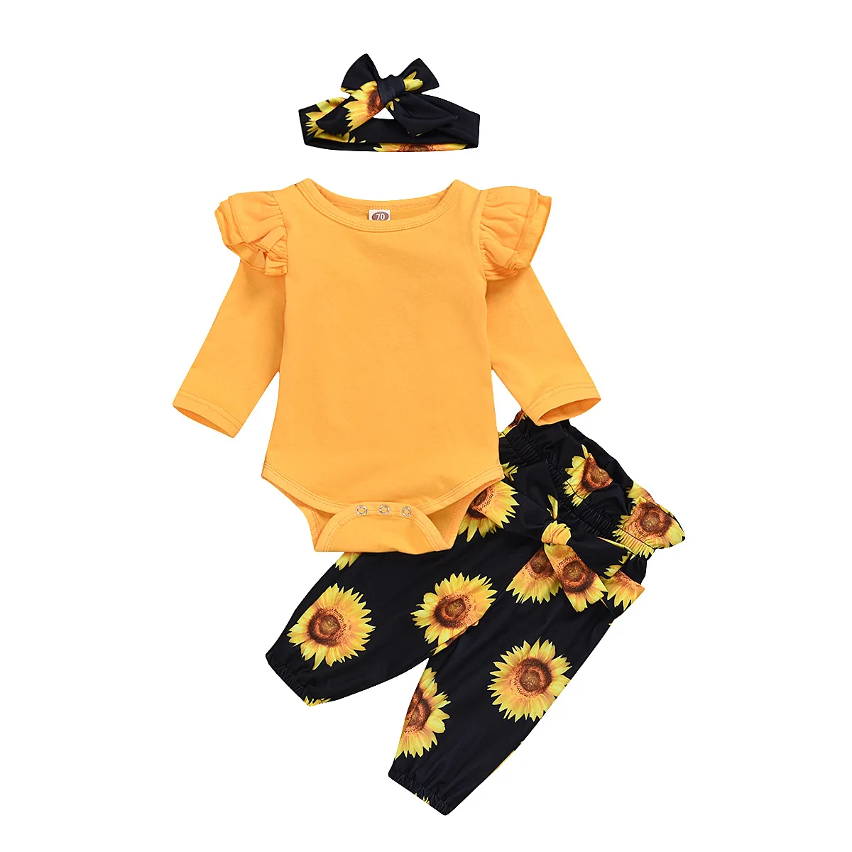 

Spring Clothes Romper Tops Sunflower Floral Pants Headband Outfits Set Casual 2020 Newborn Infant Baby Girl 5 Sets OEM 0r ODM, Picture