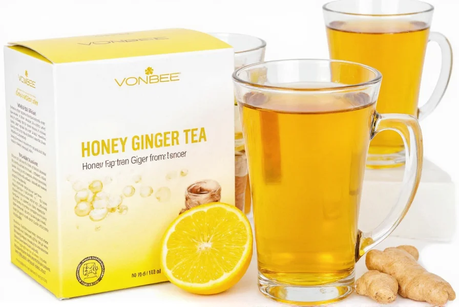 Person comfortably drinking vonbee honey citron ginger tea from a ceramic mug with steam rising, set against a cozy background