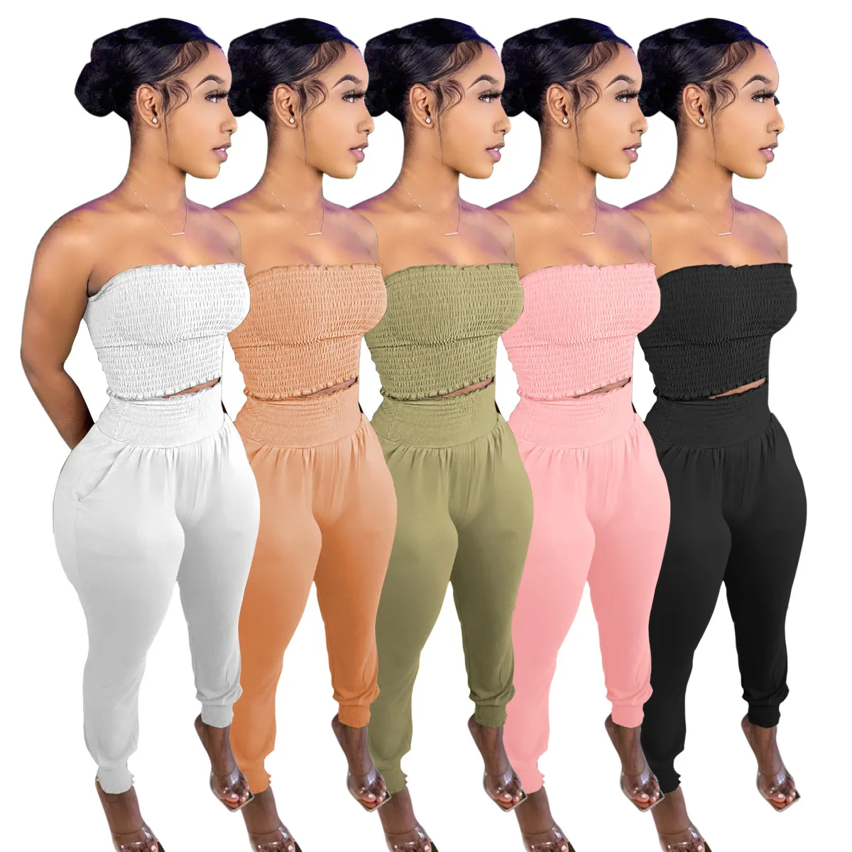 

2021 New Arrivals Fashion Women Casual Sleeveless Stacked Wrap Chest Slim Pants 2 Pieces Set Tracksuit, Picture show