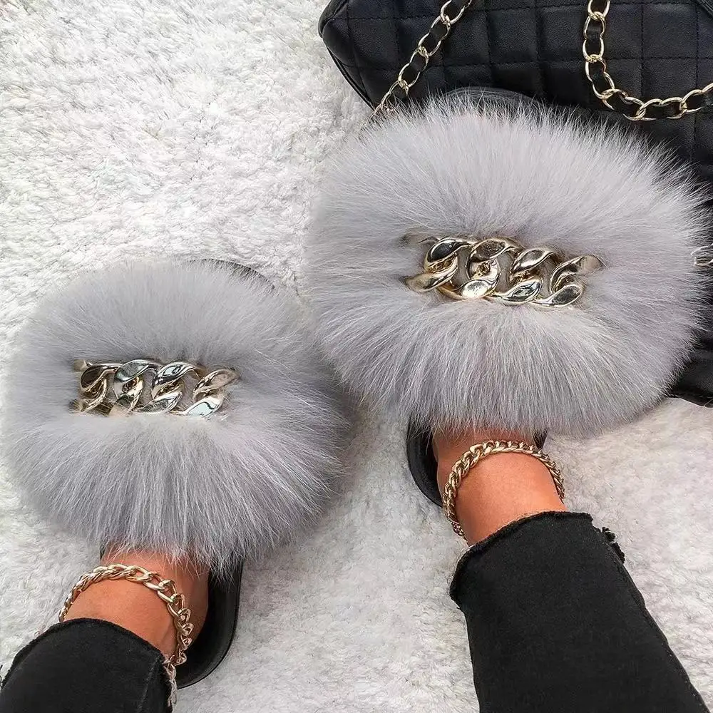 

Luxury Solid Faux Fox Fur Slippers Rhinestones Strip Women Fahsion Beach Fur Slipper, Optional