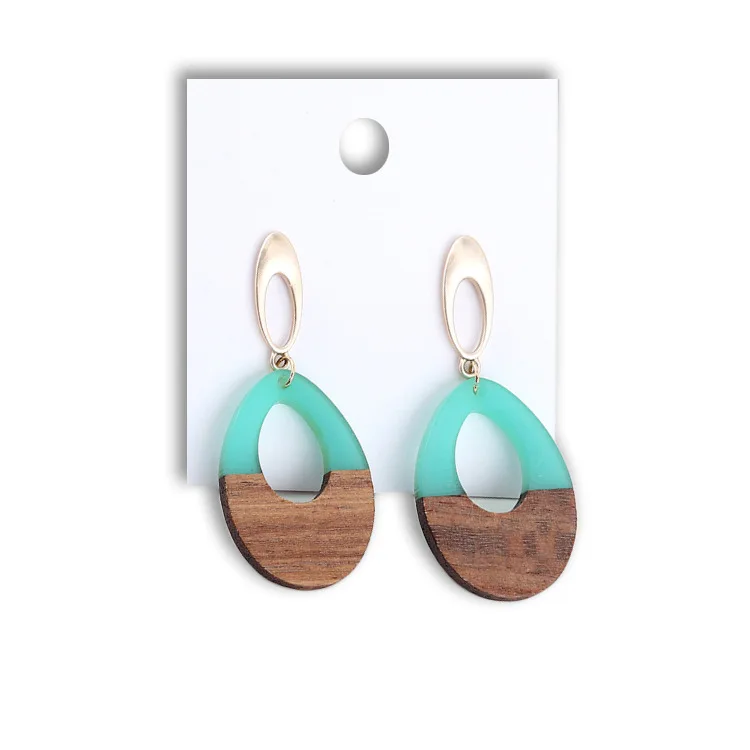 

Summer New Trendy Splicing Wood Resin Earrings Jewelry Custom Women Hollow Geometric Natural Resin Wood Earring, As picture show