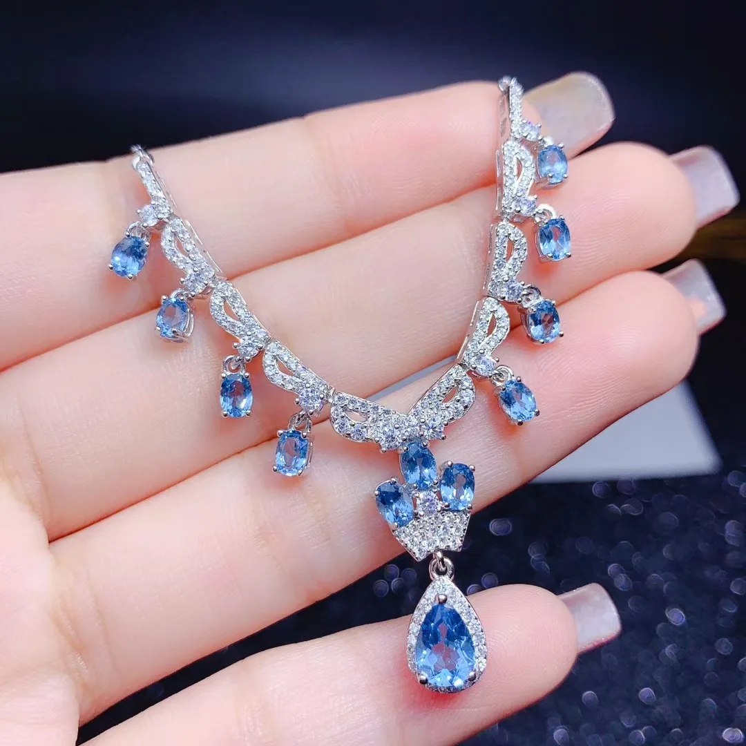 

Luxury Platinum Plated Blue Crystal Wedding Bridal Necklaces Tear Drop Blue Topaz Crown Charm Necklace for Women Valentines Gift