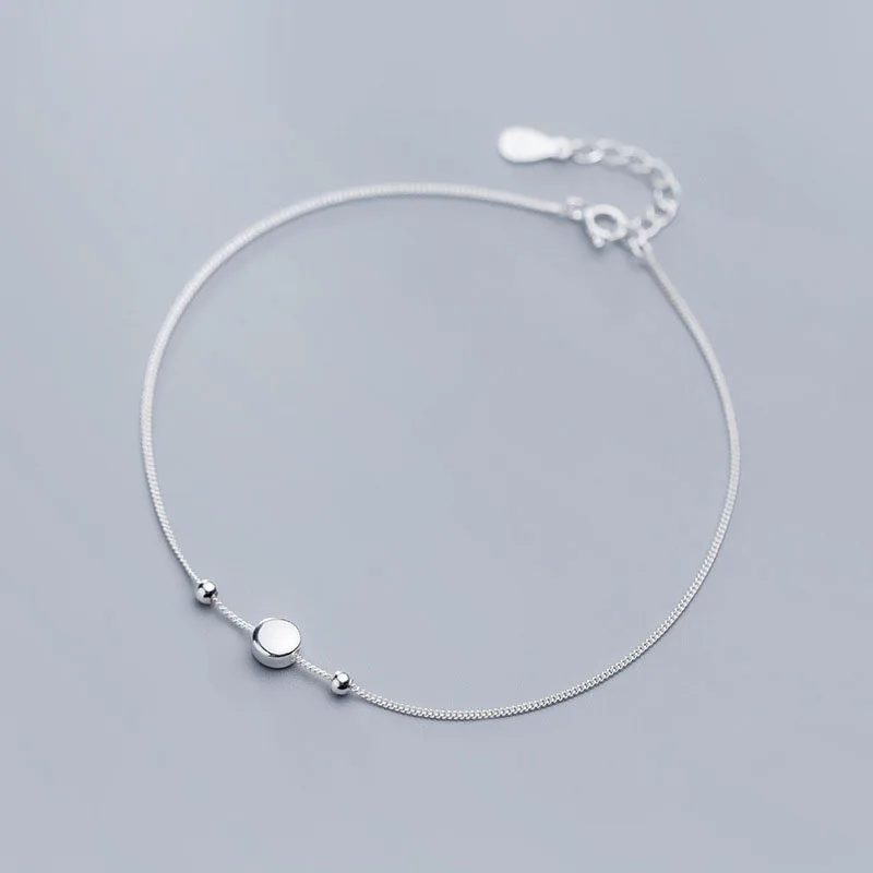 

100% 925 Sterling Silver Round Coin Box Chain Anklets For Women Student Jewelry