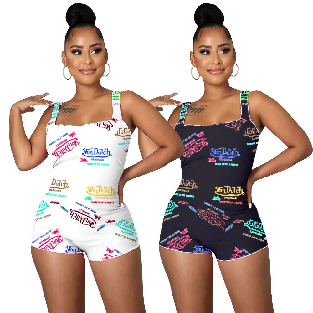 

2021 Summer New Trend Von Dutch Halter Rompers Jogger Short Pants Jumpsuit Women Clothing Streetwear, As pics